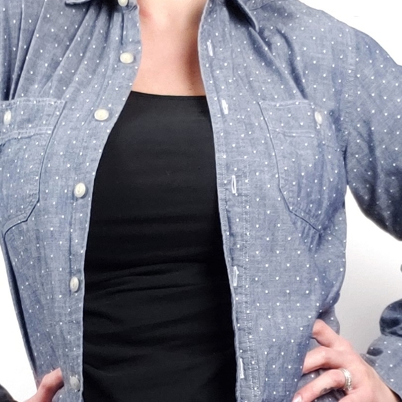 J. Crew | Polkadot Blue Chambray Button Up Small - Picture 4 of 6